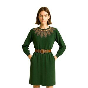 Vintage Darian Embellished Midi Knit Sweater Dress Long Sleeve Green Chic Medium